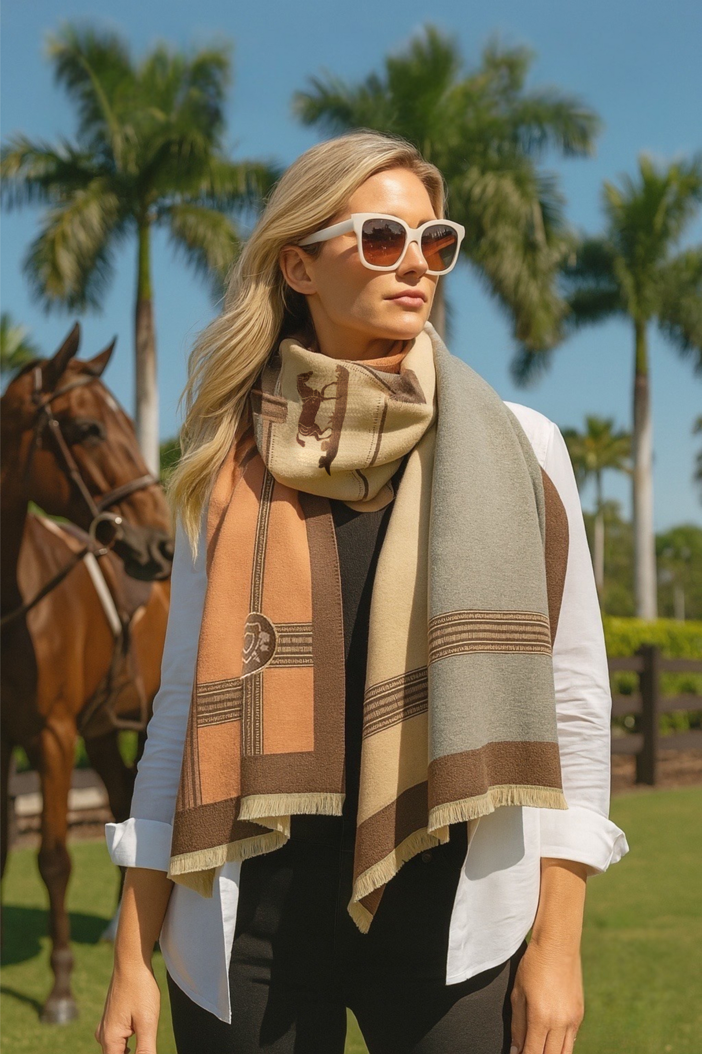 Cavaletti Luxe Shawl – Equestrian Wrap in Salmon & Charcoal Grey